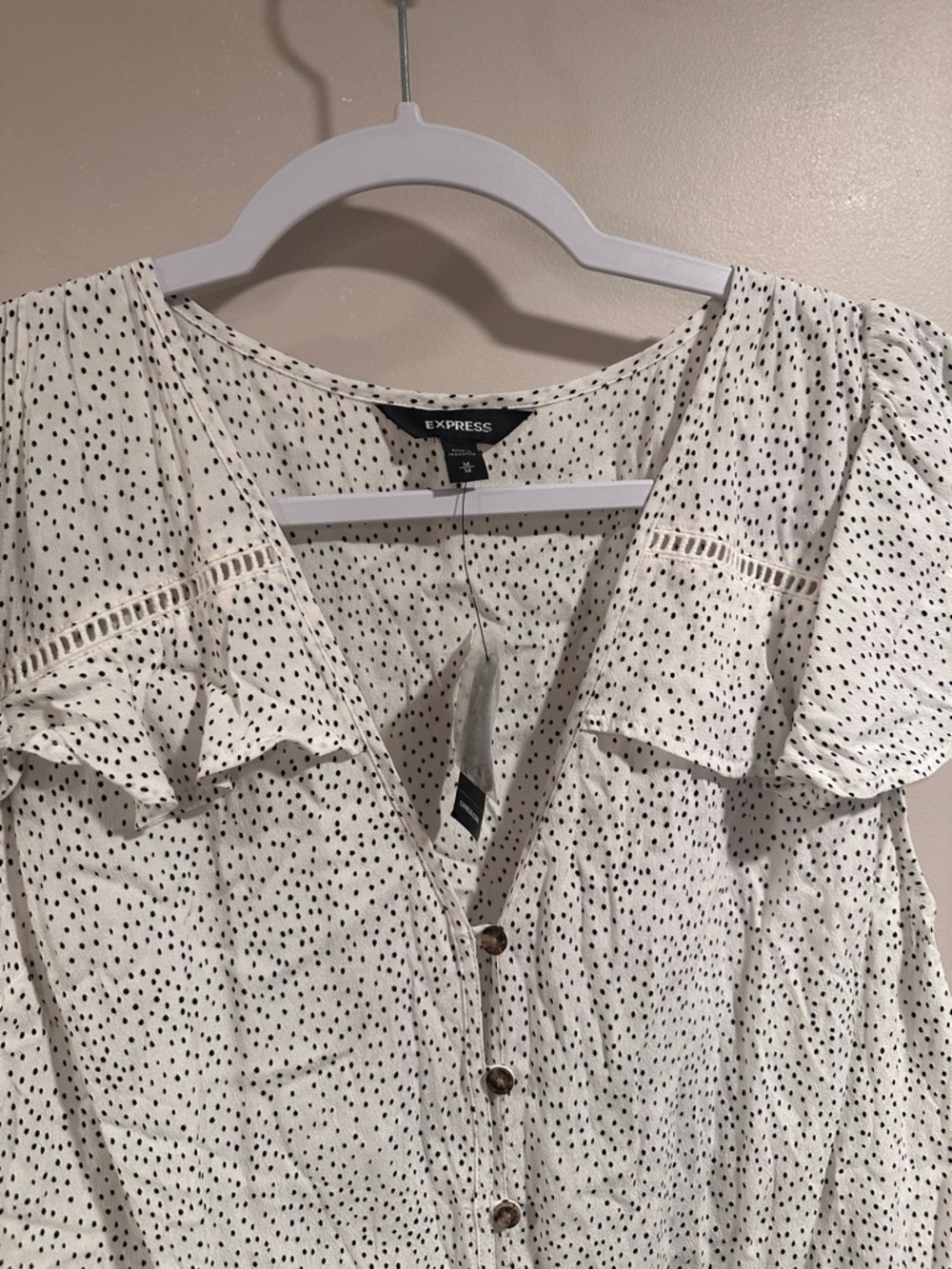 Express White Tie-Front Button Ruffle Blouse - Picture 7 of 16